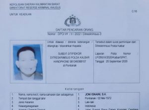 Ketua Kadin Kalbar Joni Isnaini, SH Jadi DPO Subdit-3 Tipidkor Polda Kalbar