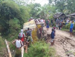 Akibat Jalan Rusak, Mobil Pengangkut Kayu Terbalik