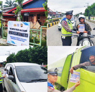 Hari Kedua Ops Keselamatan Nala Satlantas Polres Mukomuko Pasang Spanduk dan Bagikan Stiker