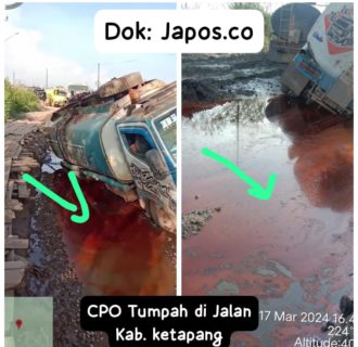 Mobil Tangki CPO Milik PT Limpah Sejahtera Ketapang Amblas, CPO Tumpah Ruah di Jalan