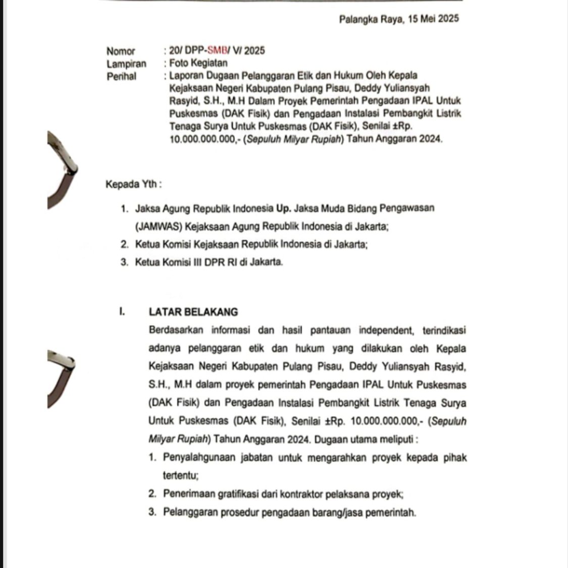 Diduga Langgar Kode Etik, Kejari Pulpis Dilaporkan ke Kejagung
